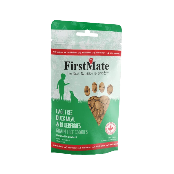 FirstMate Pet Foods Mini Trainers Cage Free Duck Meal & Blueberries Dog Treats (8 oz)